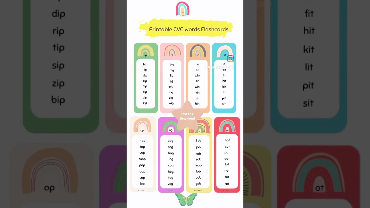 Printable Word Families Flashcards|Kids Bookmarks|English Learning |Homeschooling |CVC words