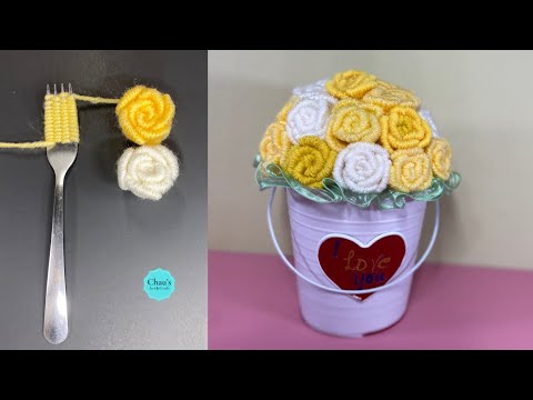 Easy Woolen Rose Making - Amazing Trick with Fork - Woolen Craft Idea