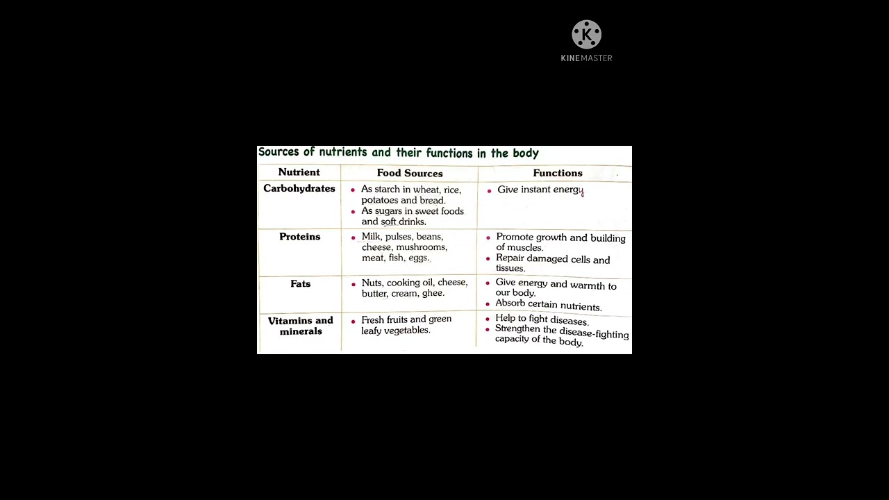 Sources of nutrients and their functions