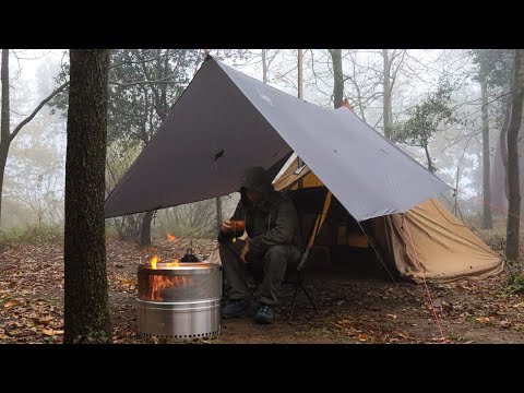 Solo Camping In Heavy Rain  - Hot Tent ; Firepit & Tarp Shelter Set-up