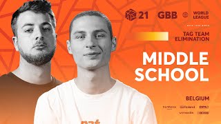 Elim starts at  which is still to much but significantly faster than the other vids from 2021.（00:00:50 - 00:05:33） - Middle School 🇧🇪 | GRAND BEATBOX BATTLE 2021: WORLD LEAGUE | Tag Team Elimination