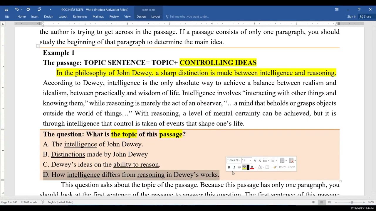 TOEFL READING COMPREHENSION SKILL 1 MAIN IDEAS QUESTIONS