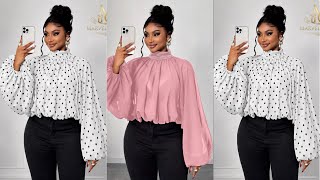 How to cut & sew This STUNNING Statement Top! 😍 | High-Neck Puff Sleeve DIY |pokadot top