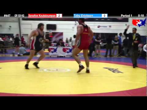 Schultz GR 120 KG Champ. Round 1: Xenofon Koutsioumpas (Greece) vs. Toby Erickson (NYAC)
