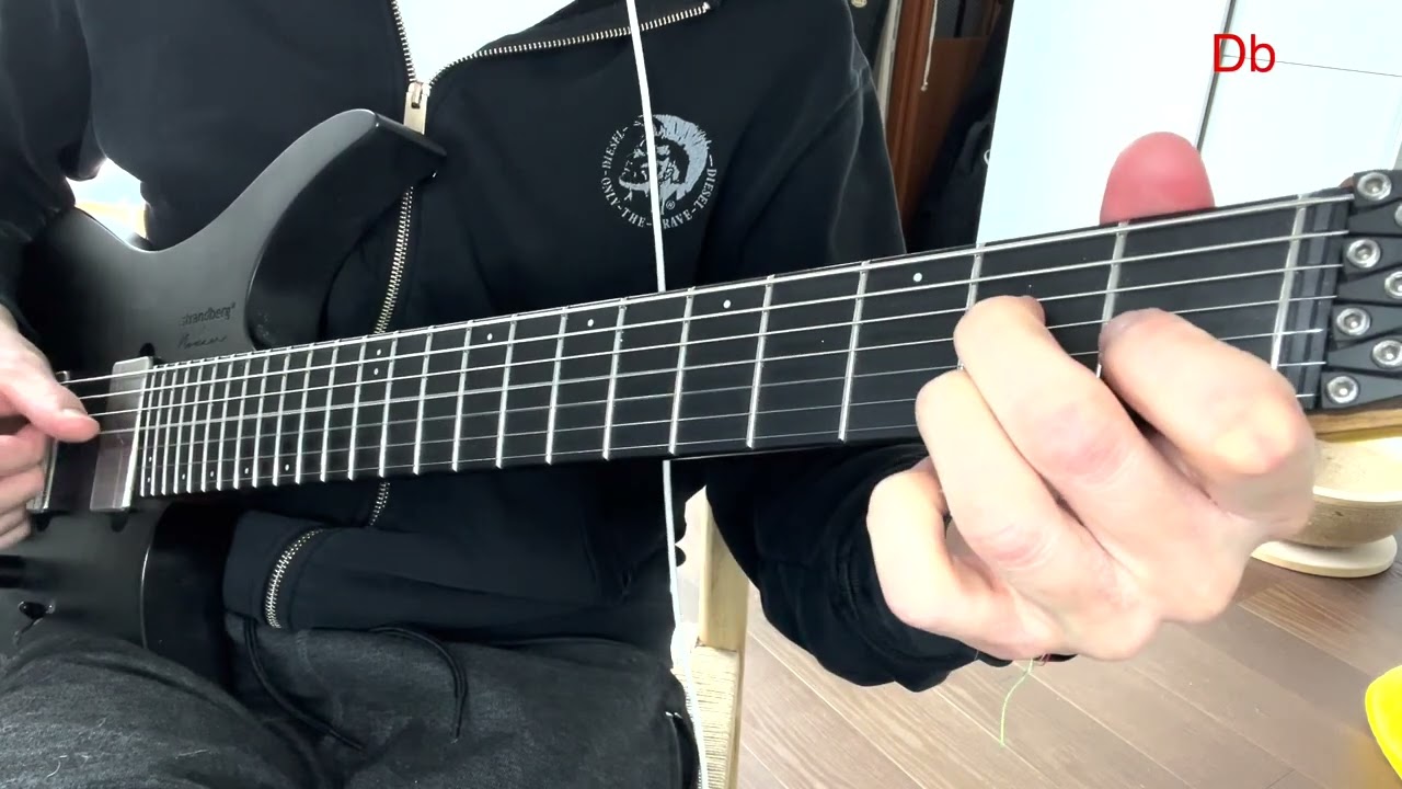 Guitar neck showing a minor triad shape on the B, G and D strings
