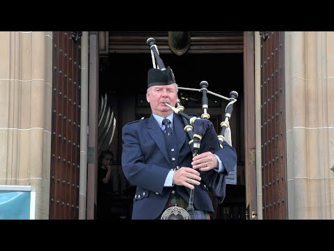 Pipe Major Ian Duncan playing The Atholl Highlanders at Blair Castle in Perthshire, Scotland in 2021