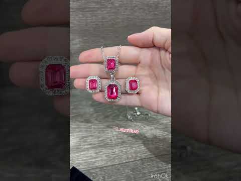 Подарок девушке набор серьги колье кольцо "Классика розовый сапфир" цирконы в серебристой оправе в коробочке - фото 1 - id-p2365230953