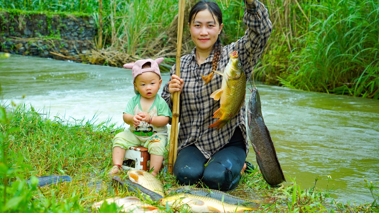 Fishing for giant wild fish with my child - Cooking and the simple life