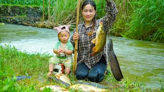 Fishing for giant wild fish with my child - Cooking and the simple life