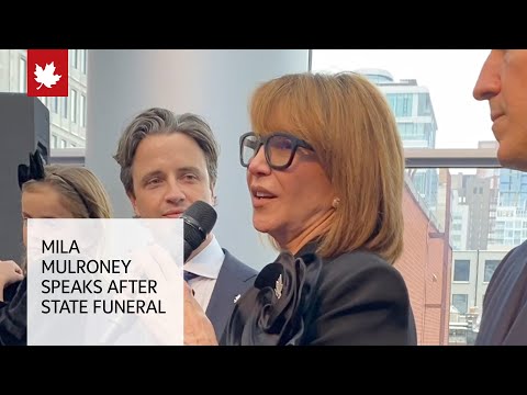 Mila Mulroney speaks to guests at a reception after former PM's state funeral