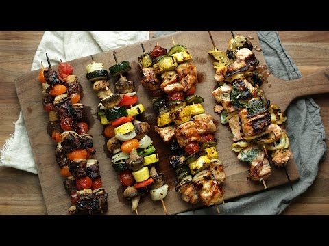 Beef, Chicken, Salmon and Veggie Kebabs