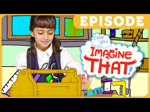 Young girl in a white shirt and vest sits at a craft table with a yellow toolbox, cartoon background, and a speech bubble saying 'Imagine That?'; episode banner above.