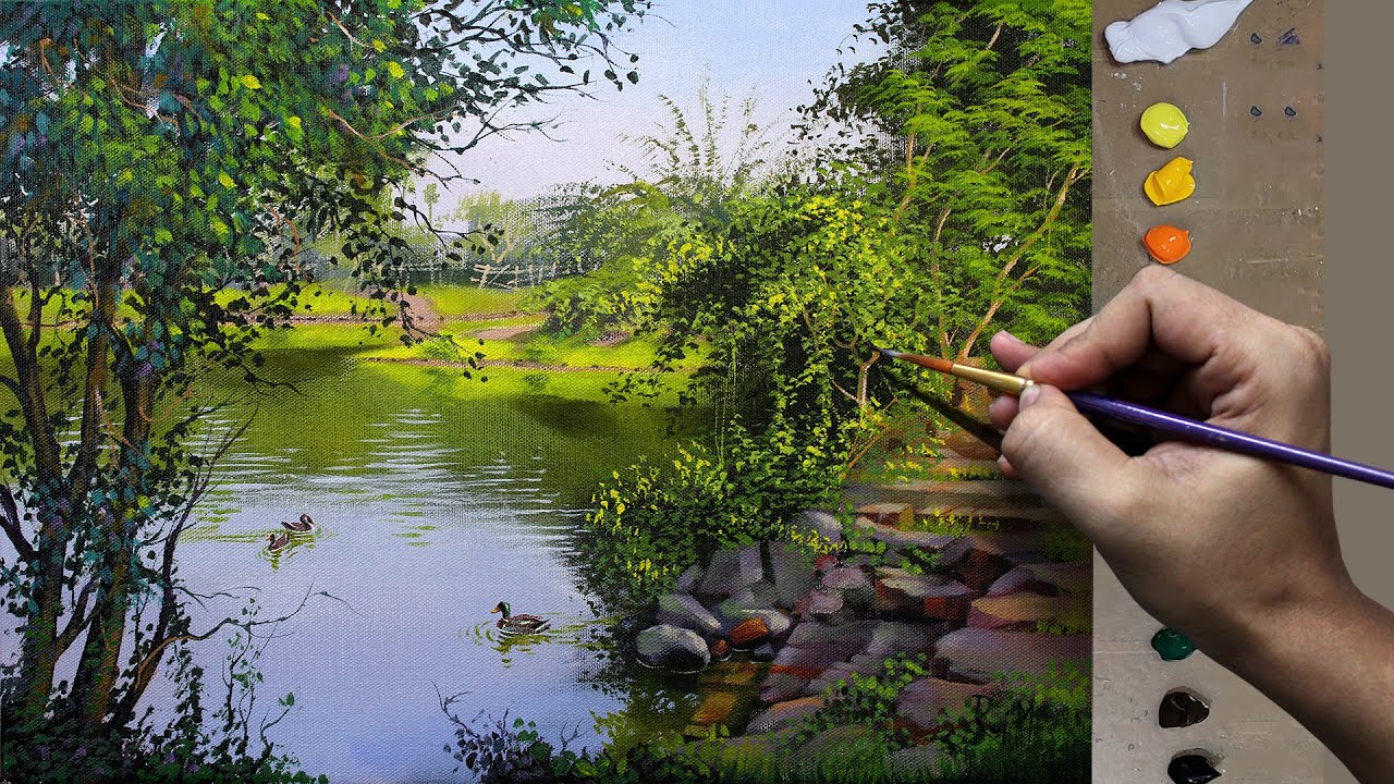 How to Paint a Village Pond with Ducks | Easy Acrylic Painting | Time Lapse