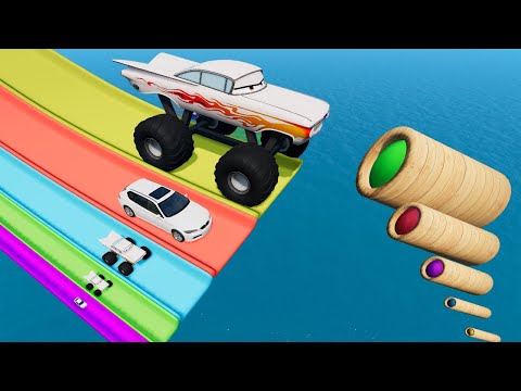 Big & Small Monster Trucks Jumping Through Giant Portal & Slide Color Jumps and Crashes - BeamNG #34