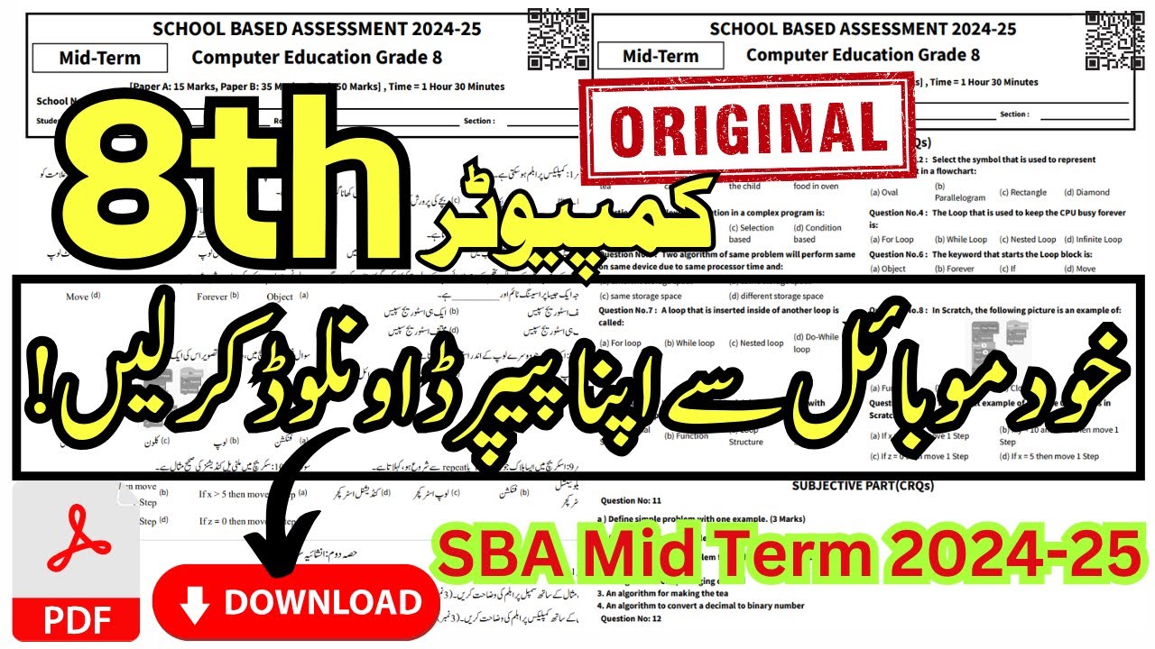 Class 8 Computer Paper | English & Urdu Medium | SBA 2024 | Download PDF