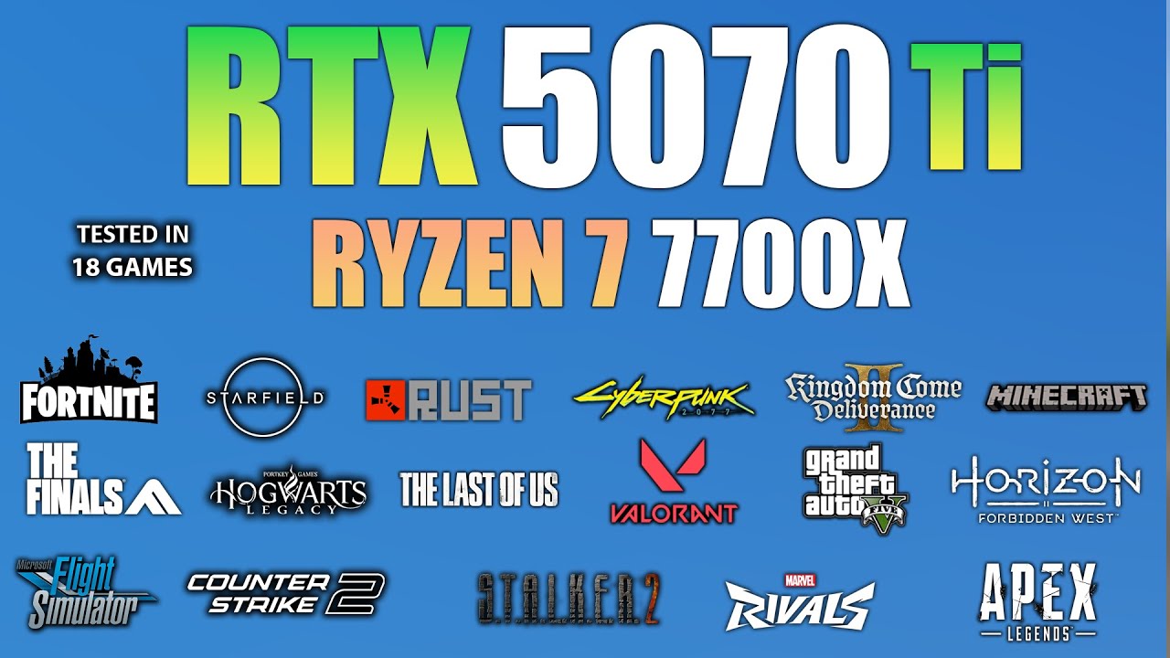 Prestanda i spel — RTX 5070 Ti + Ryzen 7 7700X i 18 spel