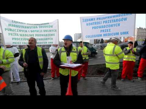 Protest robotników przed Collegium Medicum UMK