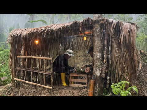 Best Father & Son STRANDED in Long Heavy Rain‼️3 Days Building a Warm Shelter with Wood & Wild Grass