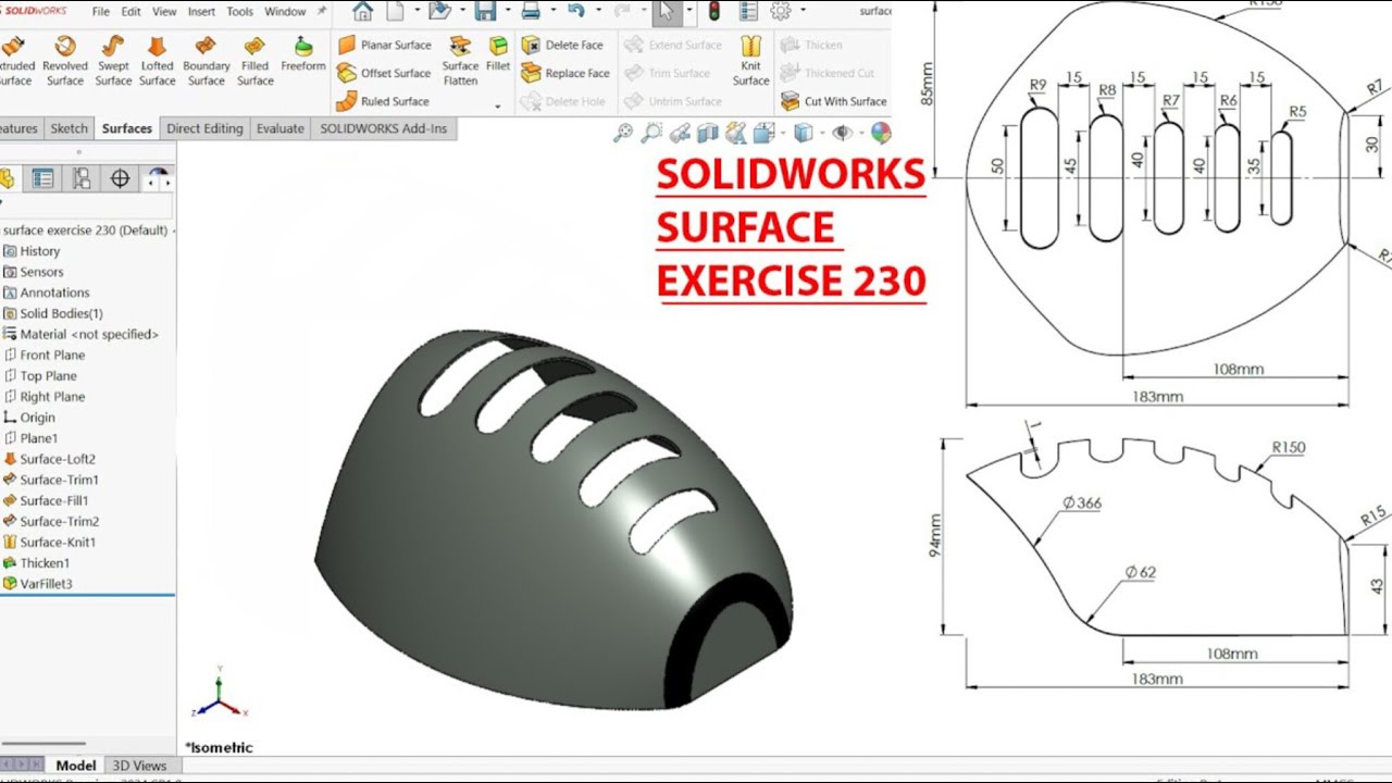 Surface modeling tutorial | Surface modeling exercise 230 #solidworks #cad