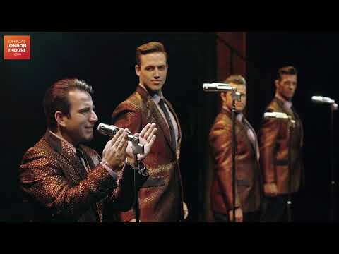 Jersey Boys trailer image showing curtain-call tableau and celebratory finale