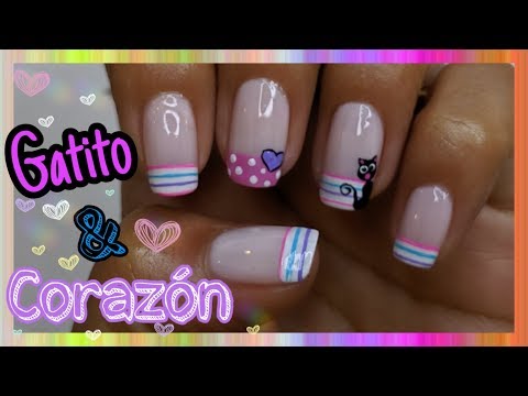 DECORACIÓN DE UÑAS CORTAS | PRINCIPIANTES | LINEAS, CORAZÓN Y GATO ♥ NailArt By Andy