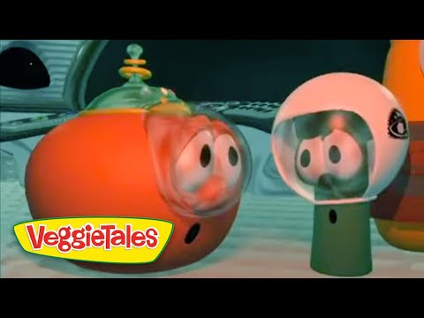 Two cartoon vegetables wearing diving helmets underwater, facing each other near a yellow VeggieTales logo in the corner.