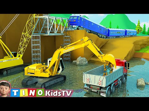 Excavator Crawler Crane and Construction Trucks Animation | Railway Bridge Repair Simulation