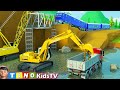 Excavator Crawler Crane And Construction Trucks Animation Railway Bridge Repair Simulation