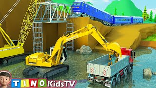 Excavator Crawler Crane and Construction Trucks for Kids | Railway Bridge Repair