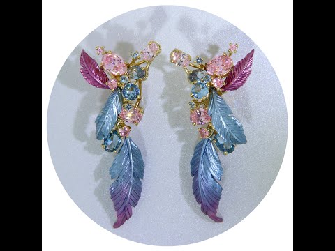 Cercei Argint 925 Aluminiu Cubic Zirconia Frunze Mari si Muguri Degrade Bleu Roz
