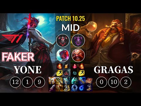 T1 Faker Yone vs Gragas Mid - KR Patch 10.25
