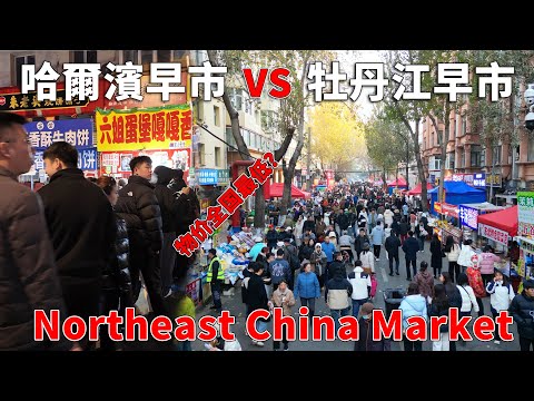 逛东北早市，北方街头小吃、地道美食大赏，哈尔滨早市vs牡丹江早市🇨🇳酱香筋头巴脑、杀猪菜、锅包肉、牛肉蛋堡、五合面锅贴、烤冷麵、油炸糕、豆腐脑、哈尔滨红肠、煎饼果子、韭菜盒子！【阿树闯东北】EP20