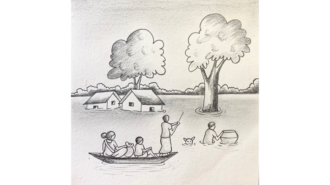 Simple and easy flood scenery drawing with pencil
