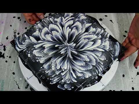(419) Black & White & Pearl ~ Spin art ~ Cup bottom reverse flower dip ~ Acrylic pour painting
