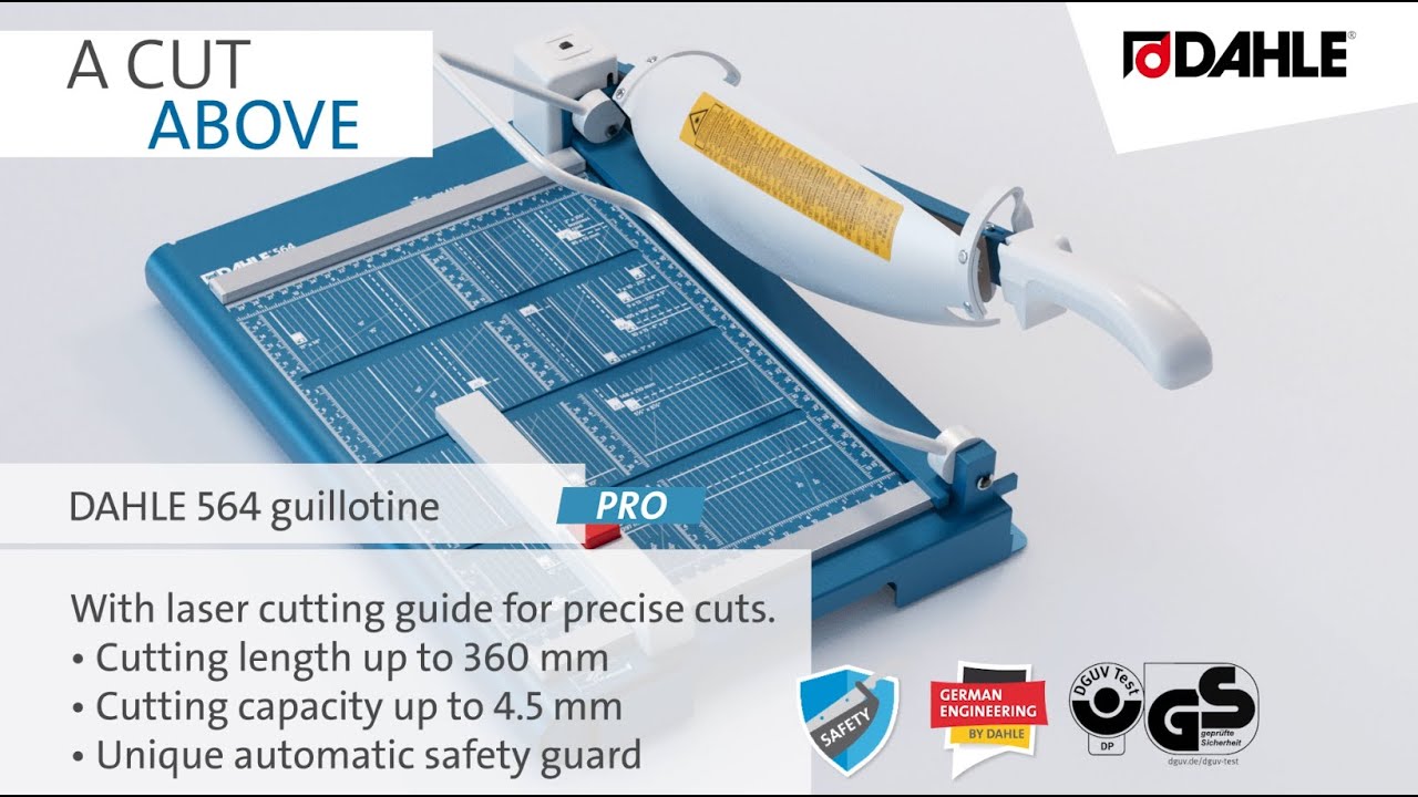 Ghilotina Dahle 564, A4, lungime taiere 360 mm, capacitate 4.5 mm, cu indicator de linie cu fascicul laser, albastru