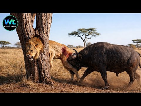 Tragic! Buffalo Counterattack: Charging a Wounded Lion Trapped Against a Tree | Animals Documentary