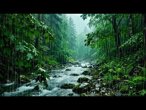 No Ads. Soothing Rain on Flowing Stream & Gentle Wind in Forest | ASMR Rain Sound in Nature