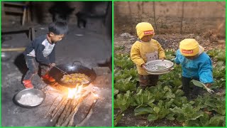Early Morning Rural life of little boy cooking food 조리 クック