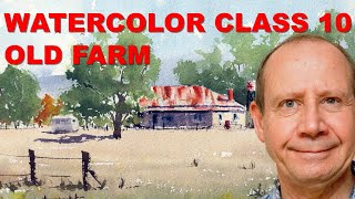 Watercolor painting of farm, trees, cows, mixing greens and rust. Beginner watercolour tutorial