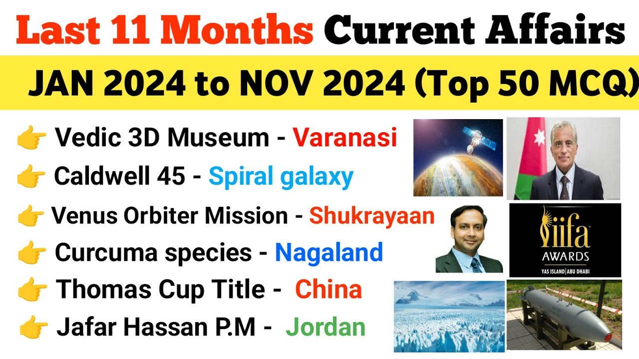 Last 11 Months Current Affairs 2024 | January 2024 To November 2024 | Important Current Affairs 2024