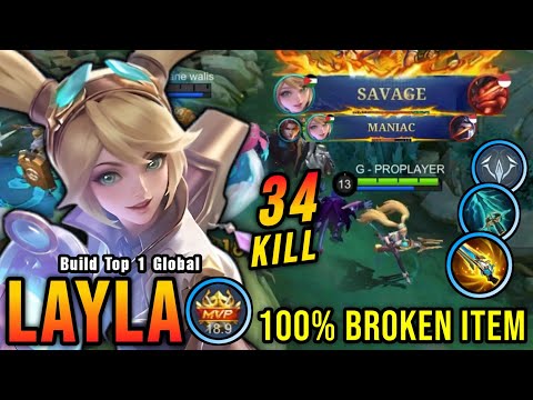 SAVAGE & MANIAC!! 34 Kills Layla One Hit Build and Emblem!! - Build Top 1 Global Layla ~ MLBB