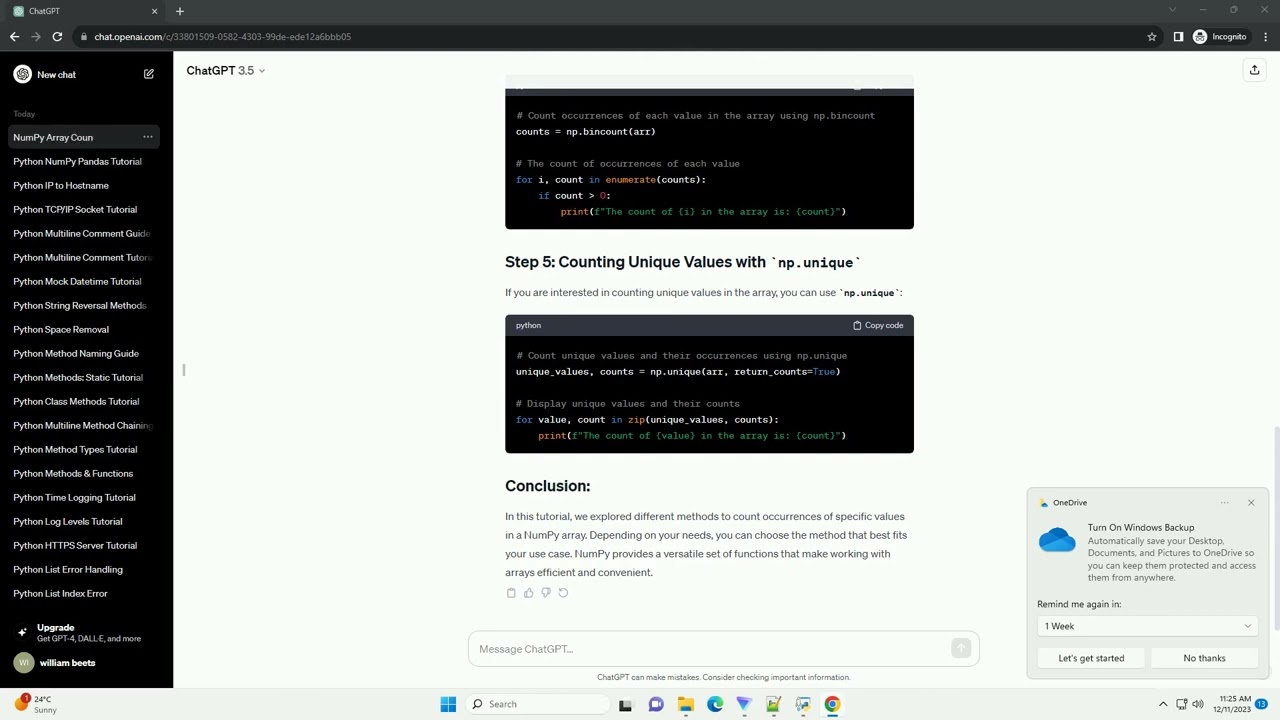 python numpy array count