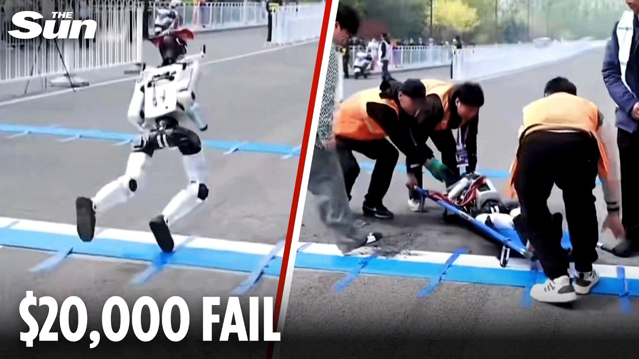 Moment marathon-running robot shatters after tripping as medical team rush over with stretcher - YouTube