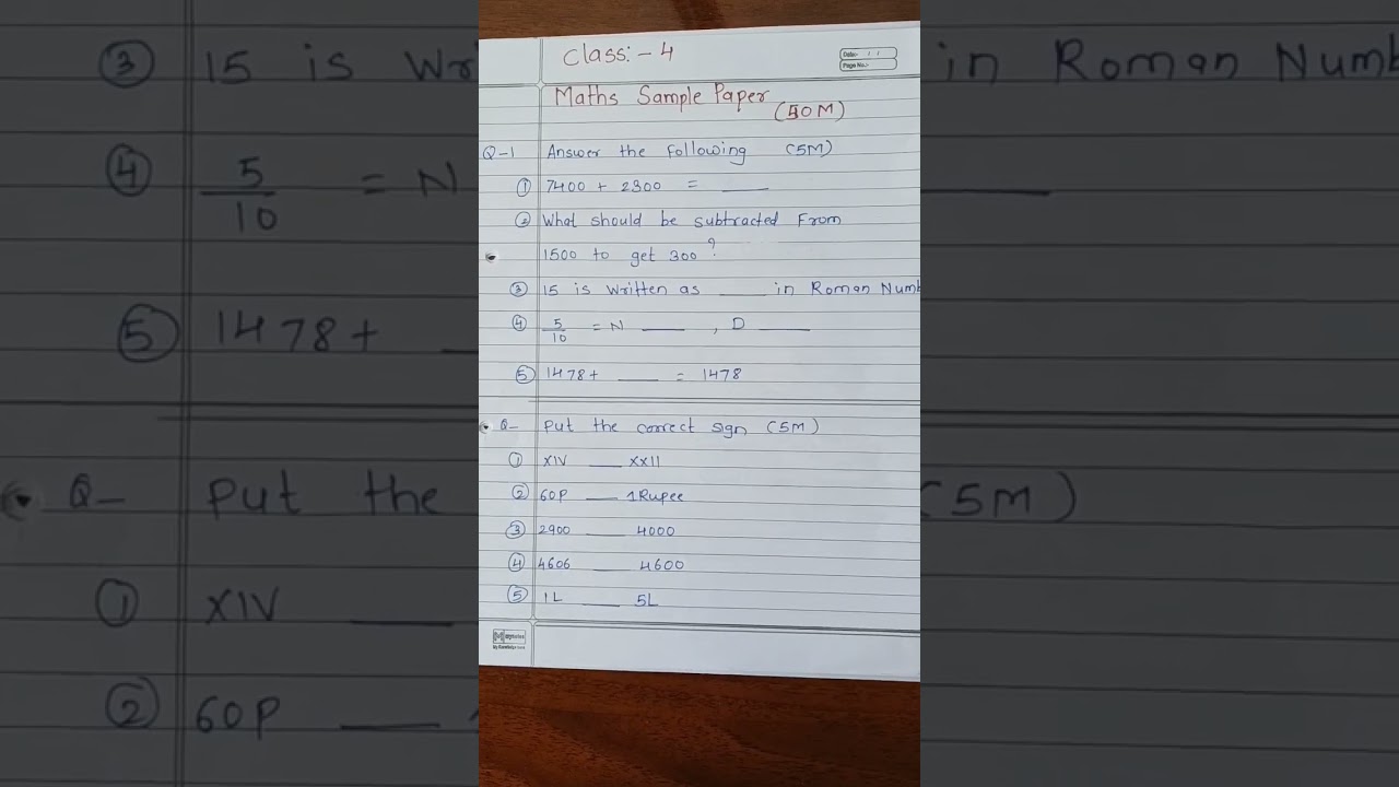 Class-4 Maths 1st term sample paper | 4th Standard maths worksheet