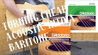 Video thumbnail for Turning standard guitar into a baritone?!? daddario extra lights ej15 to daddario heavy ej18 by Fingerstyle blues lessons