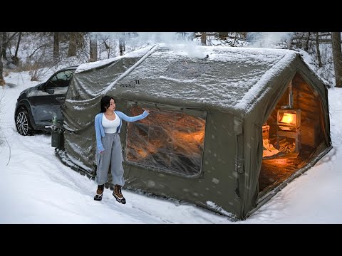 Snow Camping ASMR ❄️ Car Camping Docked to an Inflatable Tent 🏕️ Solo Winter Camping