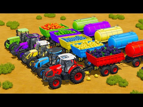 CLAAS vs McCORMICK vs FENDT vs VALTRA vs JOHN DERRE TRACTORS BATTLE WITH FRUITS & WATER TANKS - Farm
