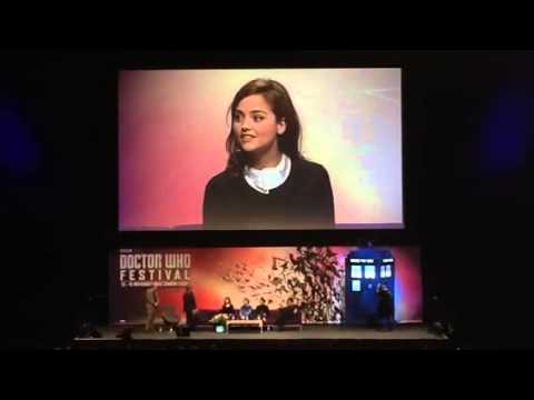 Peter Capaldi giving Jenna Coleman a farewell speech at Doctor Who Festival
