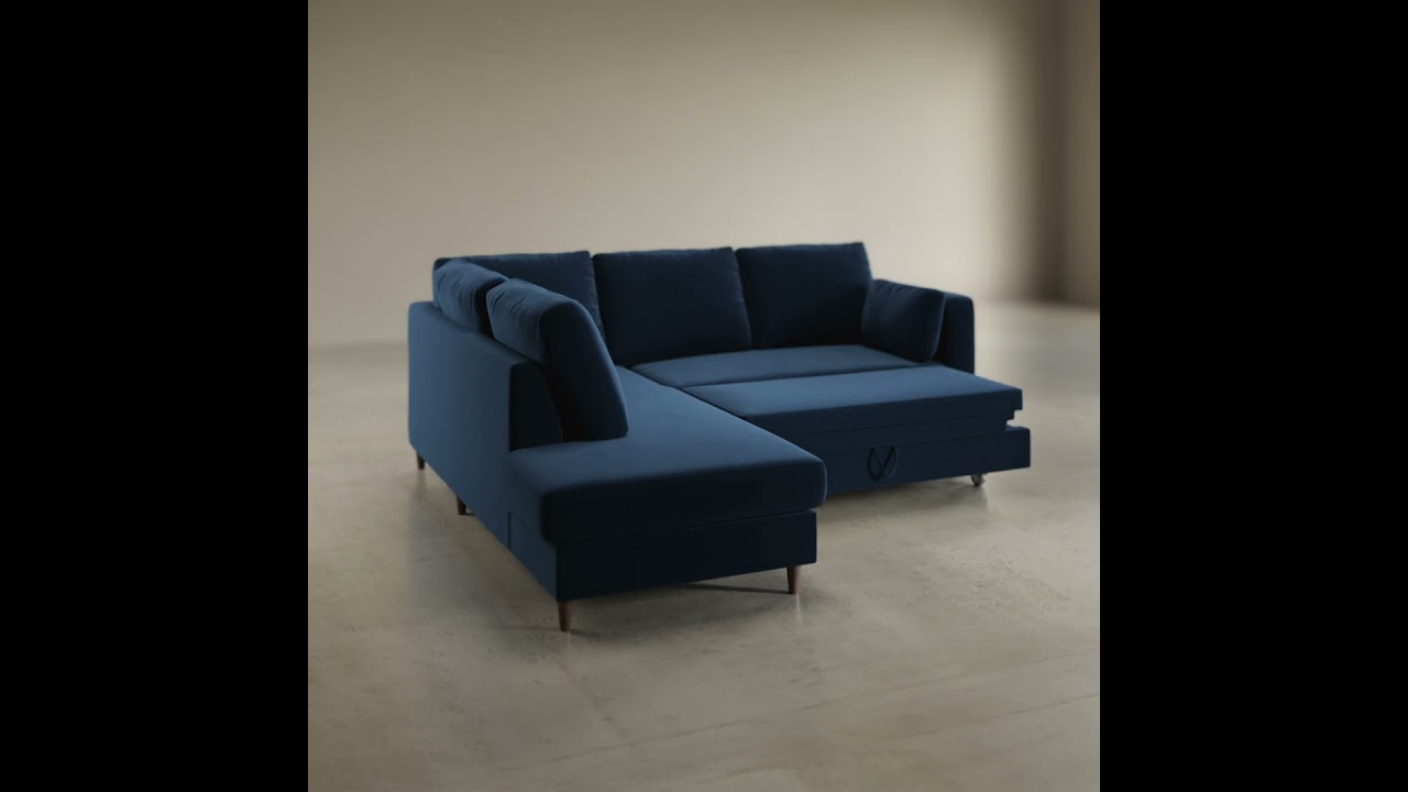 4 Seater Pull-Out Corner Sofa Bed with Storage in Navy Blue Velvet - Boe