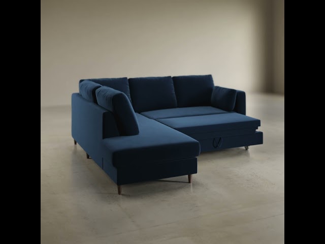 4 Seater Pull-Out Corner Sofa Bed with Storage in Navy Blue Velvet - Boe